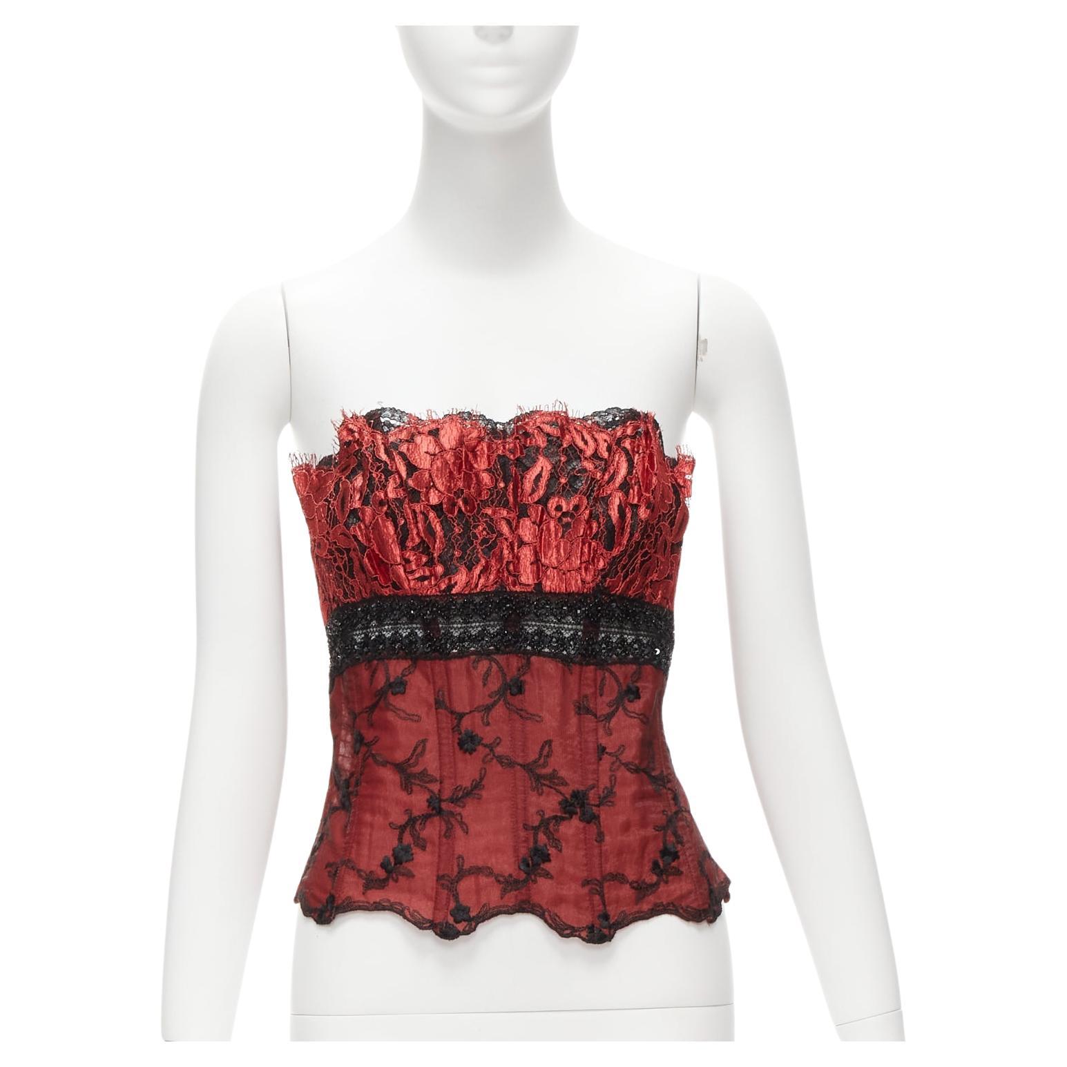 RITMO DI PERLA La Perla Vintage red black beaded lace lurex sheer corset bustier For Sale