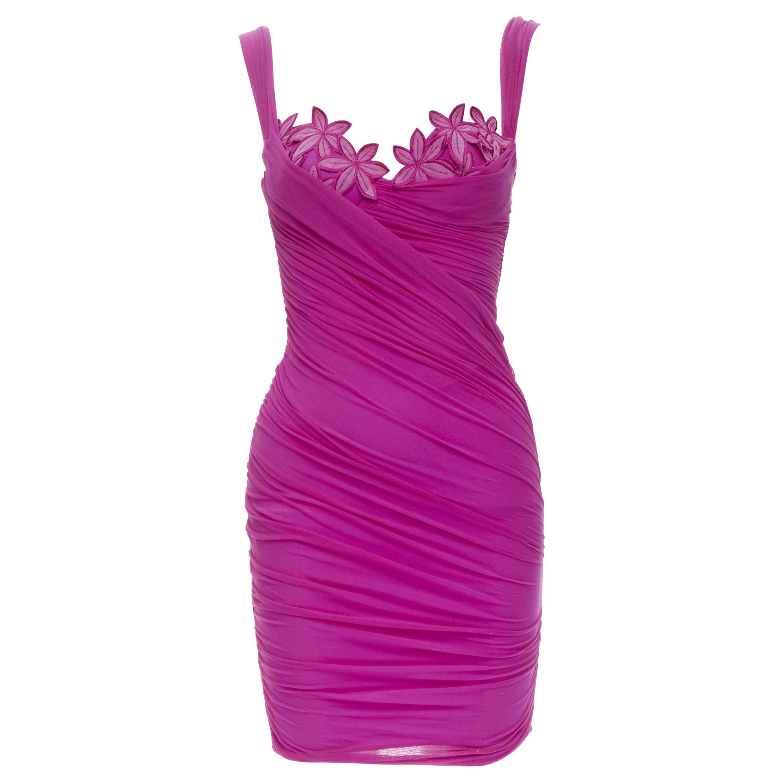 RITMO DI PERLA Vintage floral applique bust wrap tulle jersey ruched dress IT42