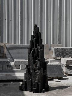 Pyramid Shape Black Travertine Rock Installation Sculpture by Andres Monnier