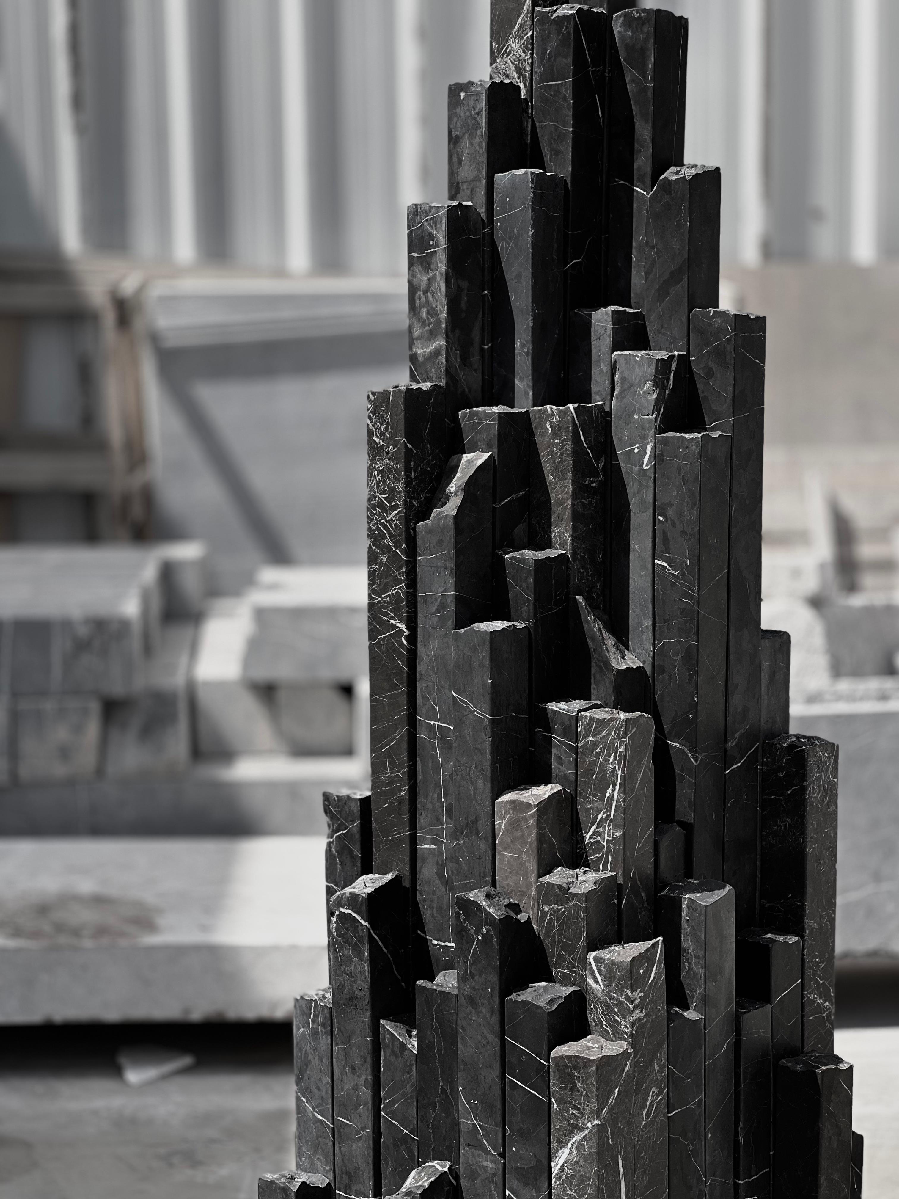 Other Pyramid Shape Black Travertine Rock Installation Sculpture by Andres Monnier For Sale