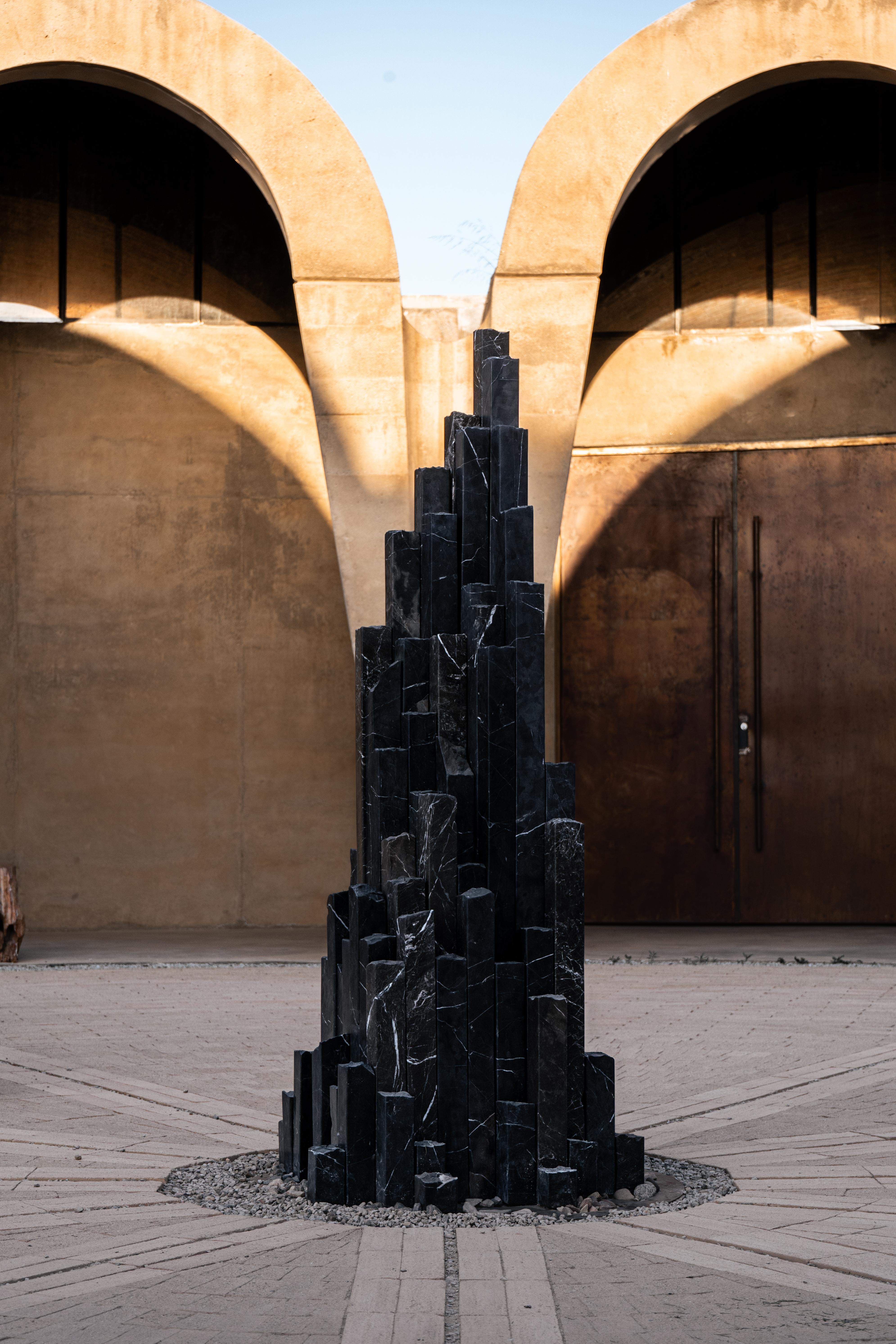 Contemporary Pyramid Shape Black Travertine Rock Installation Sculpture by Andres Monnier For Sale