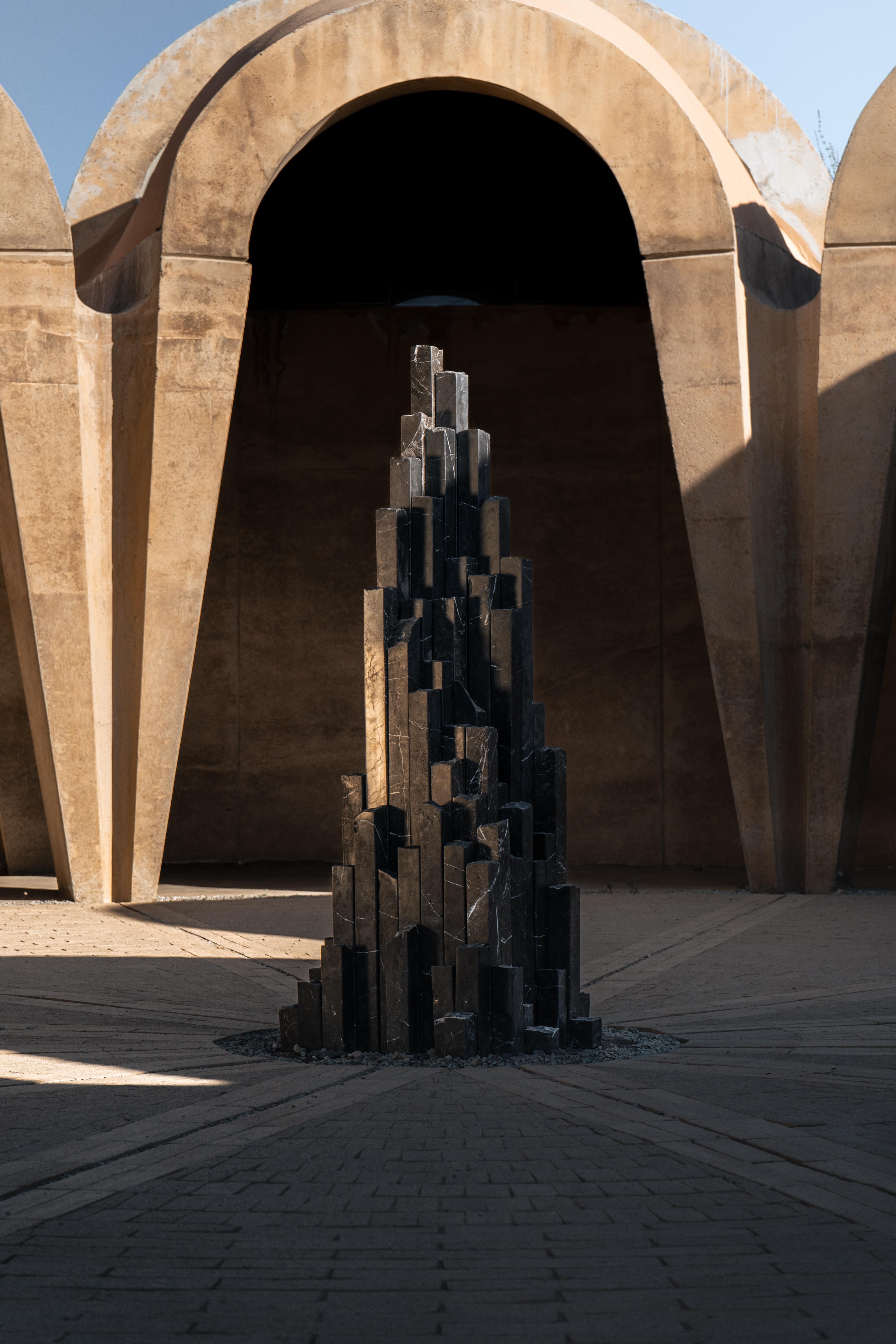 Pyramid Shape Black Travertine Rock Installation Sculpture by Andres Monnier For Sale 1