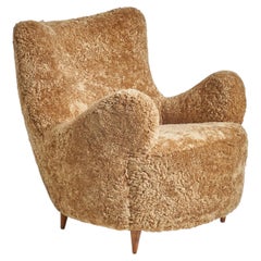 Vintage Rito Valla Attribution, Organic Lounge Chair, Beige Shearling, Wood, Italy 1950s
