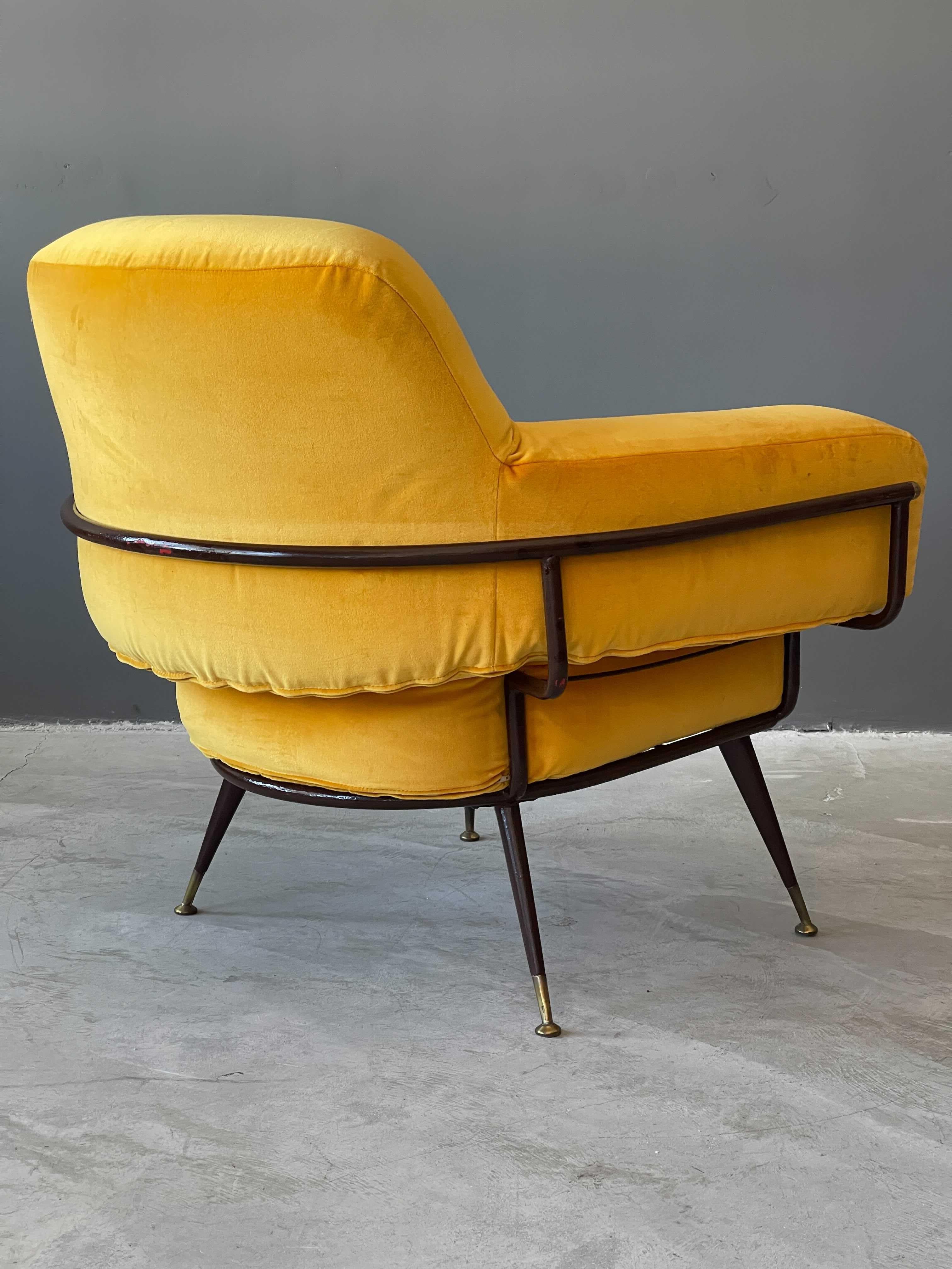 Mid-Century Modern Rito Valla, Lounge Chair, Metal, Brass Yellow Velvet, I.P.E Bologna, Italy 1950s