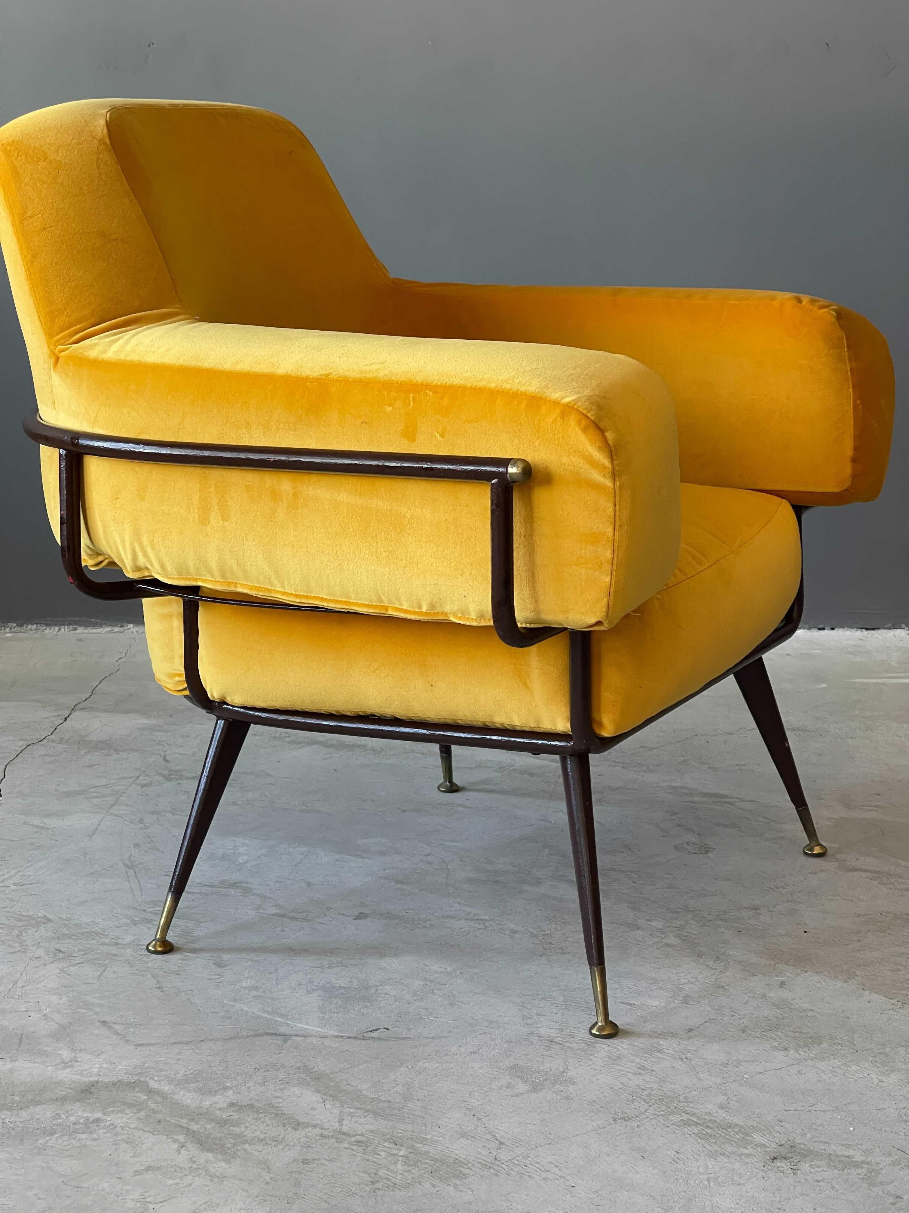 Italian Rito Valla, Lounge Chair, Metal, Brass Yellow Velvet, I.P.E Bologna, Italy 1950s