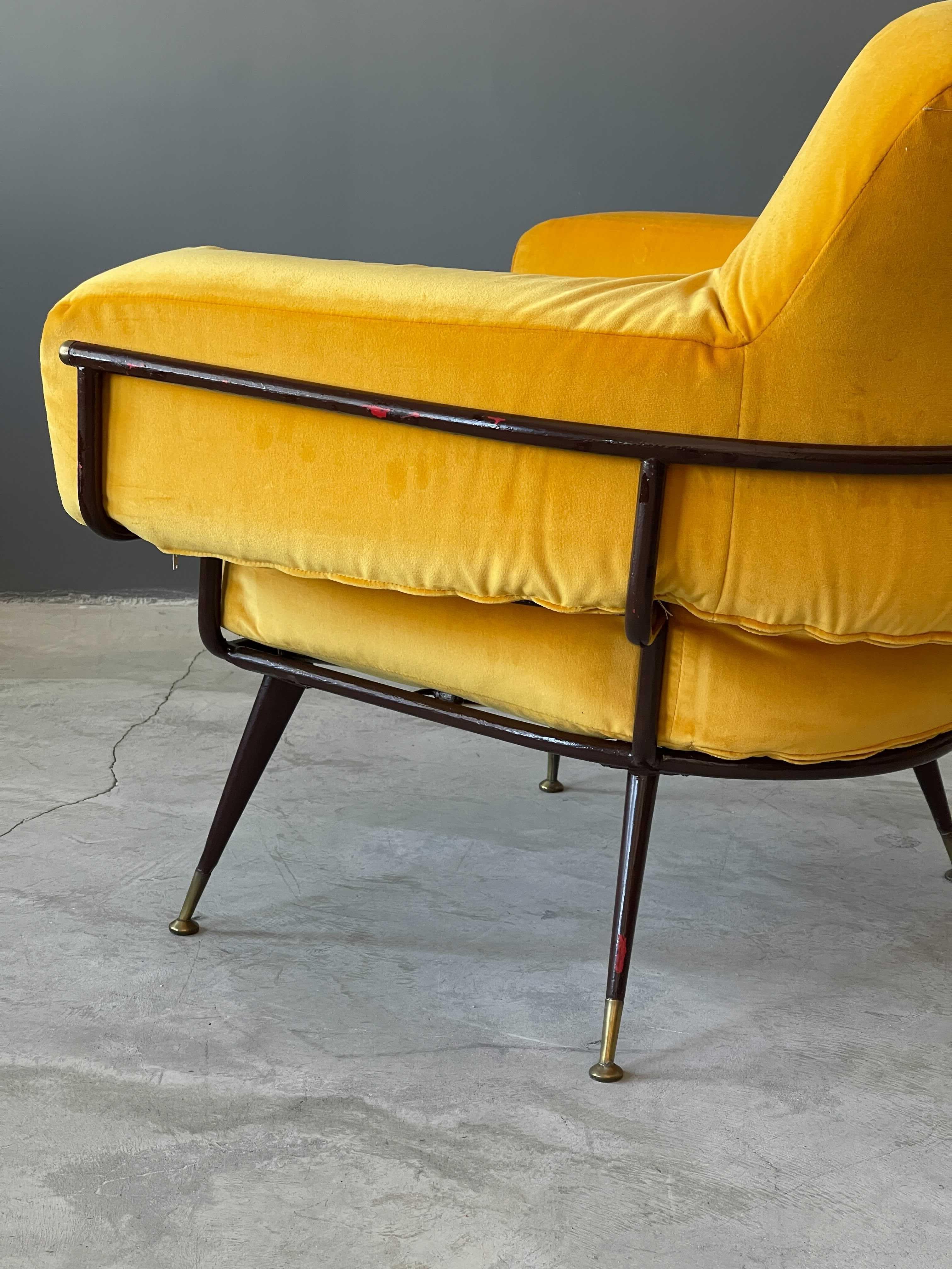 Rito Valla, Lounge Chair, Metal, Brass Yellow Velvet, I.P.E Bologna, Italy 1950s In Good Condition In High Point, NC