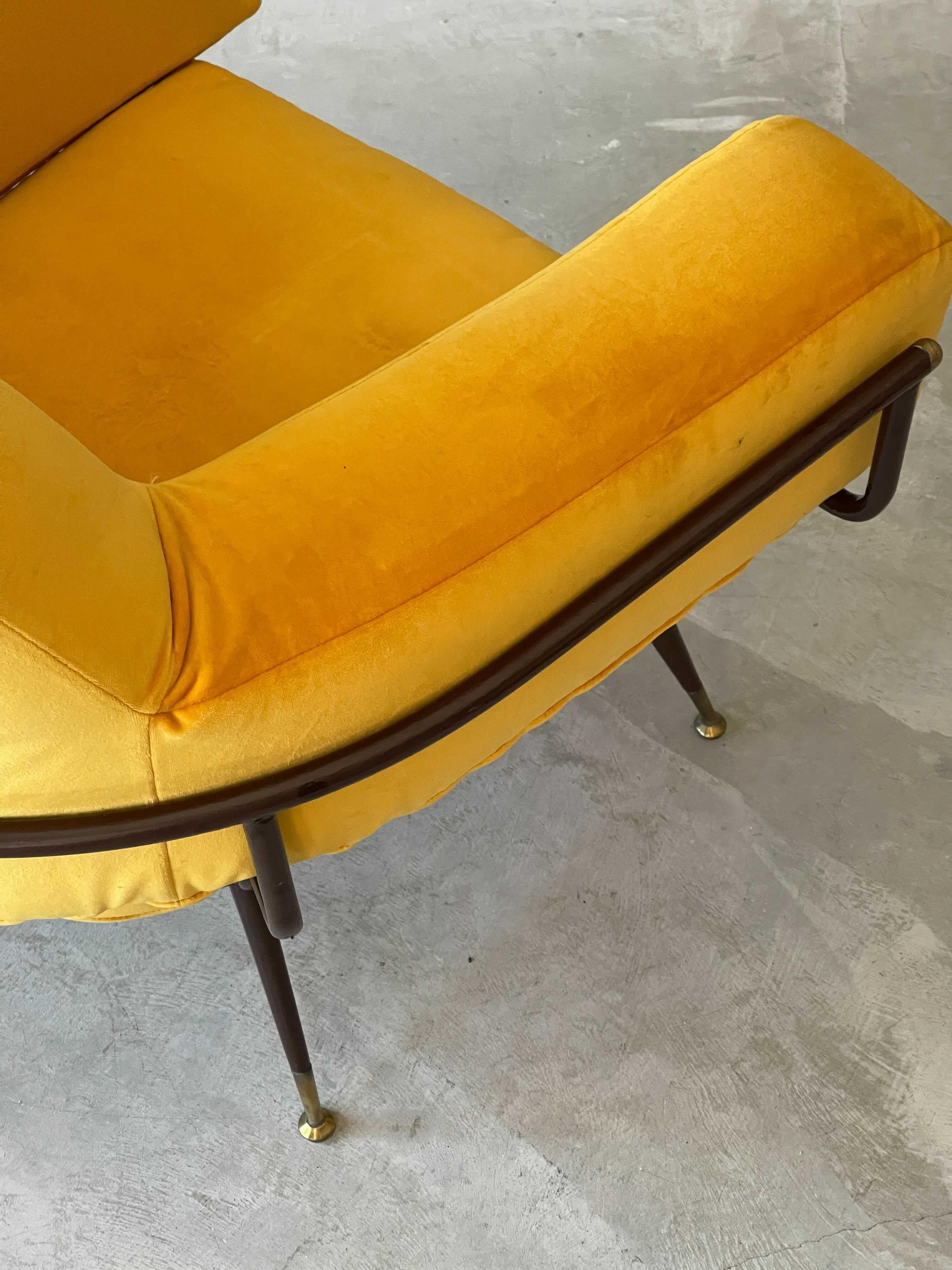 Mid-20th Century Rito Valla, Lounge Chair, Metal, Brass Yellow Velvet, I.P.E Bologna, Italy 1950s