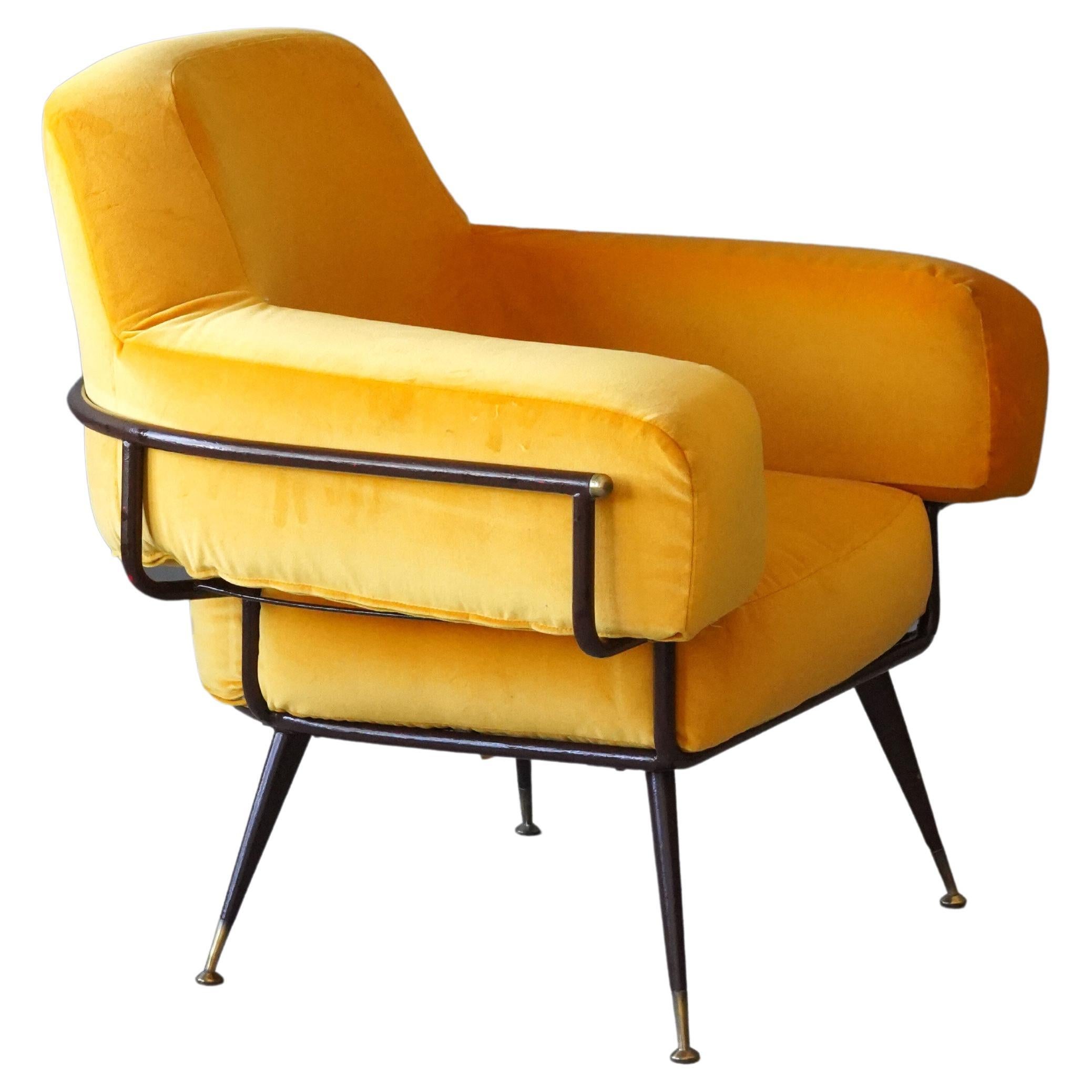 Rito Valla, Lounge Chair, Metal, Brass Yellow Velvet, I.P.E Bologna, Italy 1950s