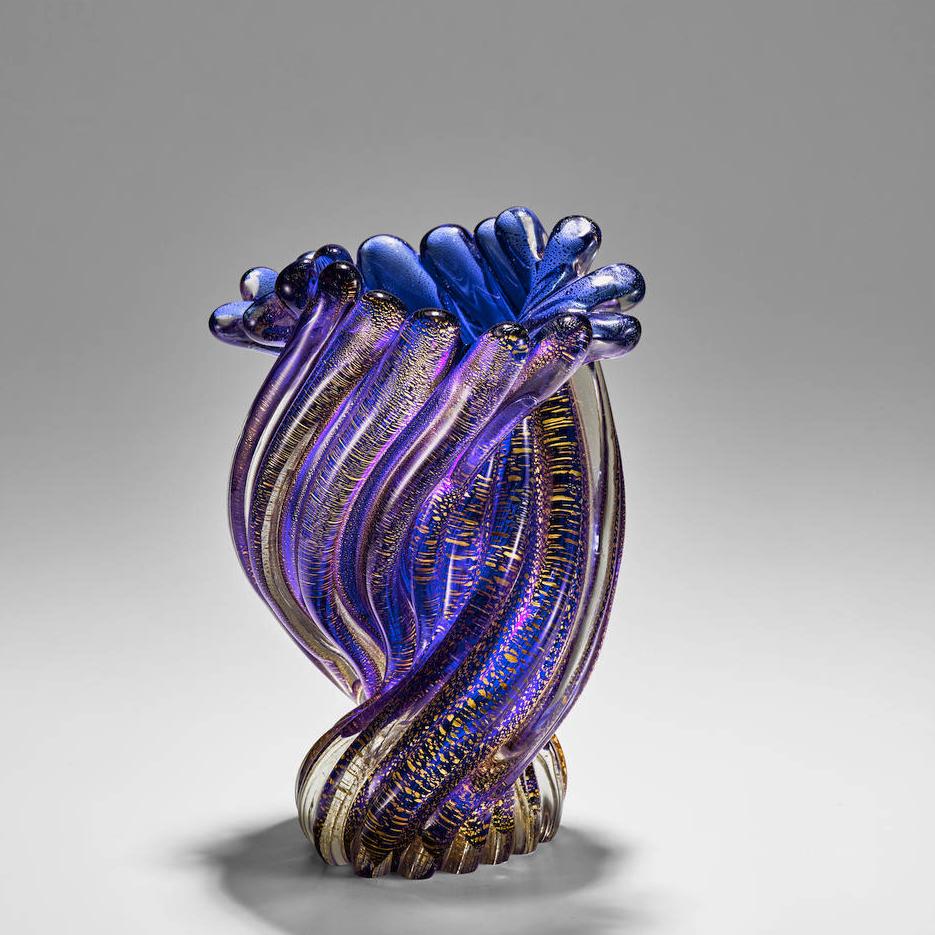 Nachtblaue Ritorto-Vase mit Blattgold von Archimede Seguso, Murano 1955 im Angebot 5