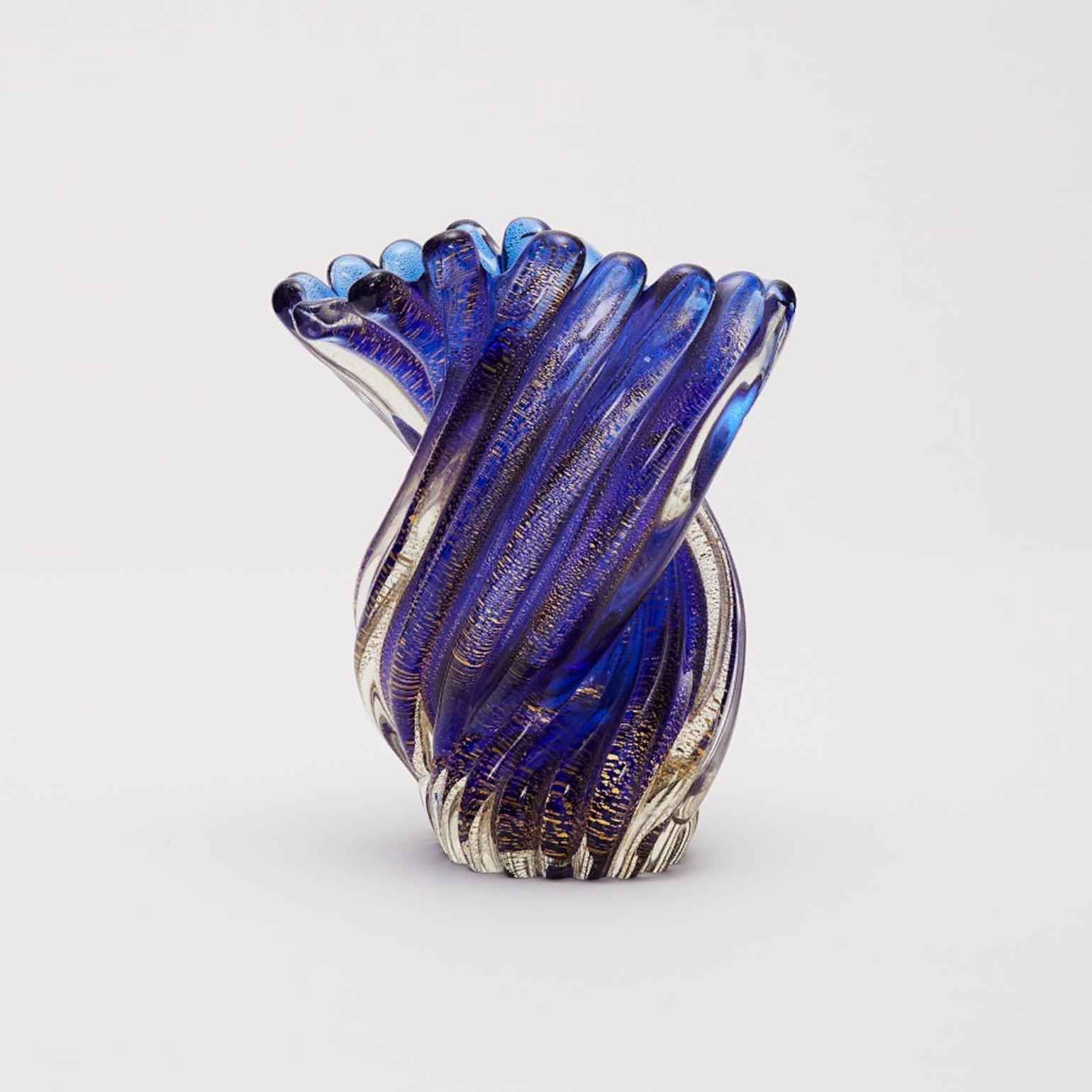 Nachtblaue Ritorto-Vase mit Blattgold von Archimede Seguso, Murano 1955 (Italienisch) im Angebot