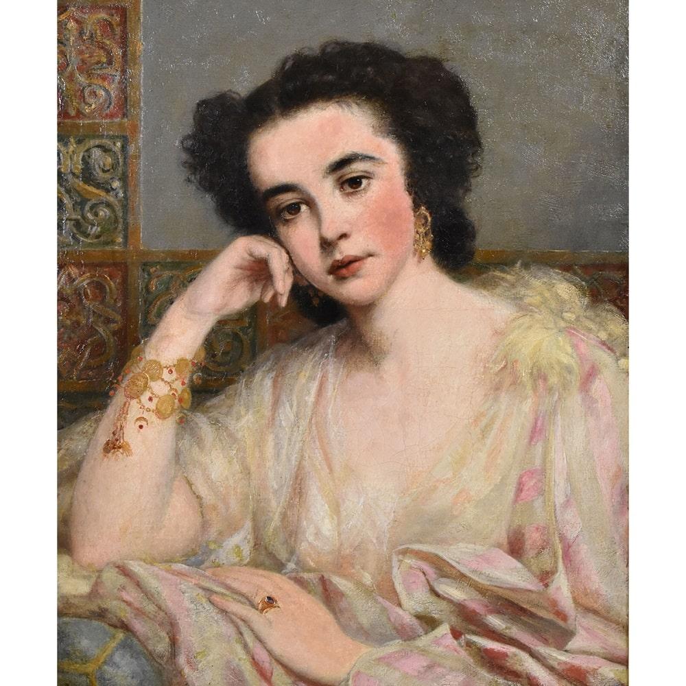 The category Antique Paintings, Antique Portraits of Women offers a portrait of a Beautiful and Thoughtful Young Girl Dressed

with an elegant dress, an Oil Painting on Canvas, 1800s era. 
Antique painting 19th century. French antiquity.

These are