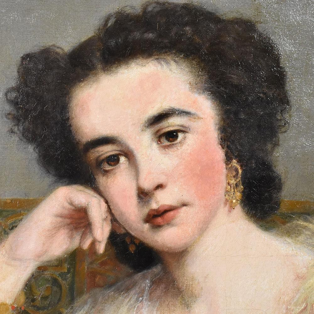 French Antique Portraits Of Woman, Beautiful And Young Girl, Oil On Canvas Epoch Nineteenth Century For Sale