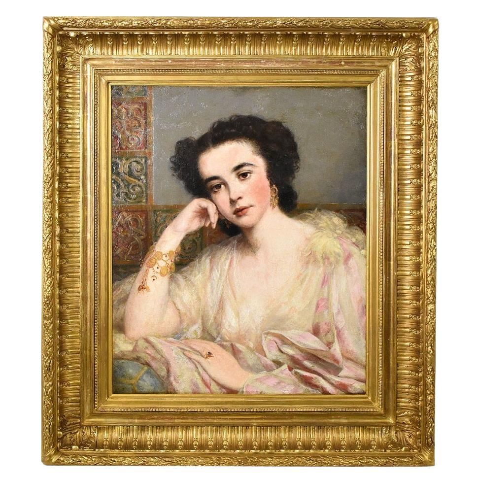 Antique Portraits Of Woman, Beautiful And Young Girl, Oil On Canvas Epoch Nineteenth Century For Sale