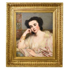 Antique Portraits Of Woman, Beautiful And Young Girl, Oil On Canvas Epoch Nineteenth Century