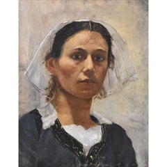 Ritratti Antichi di Donna, Ritratto Giovane Ragazza Bretone, Olio Su Tela, XIX.