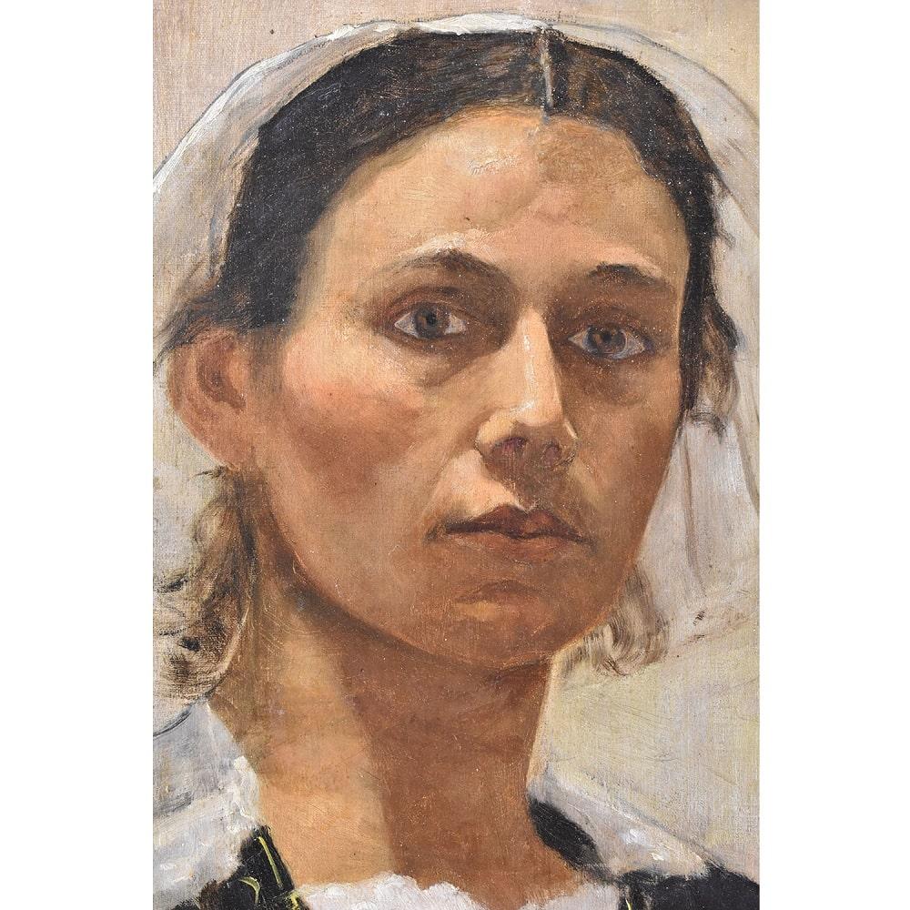 Napoleone III Ritratti Antichi di Donna, Ritratto Giovane Ragazza Bretone, Olio Su Tela, XIX. in vendita