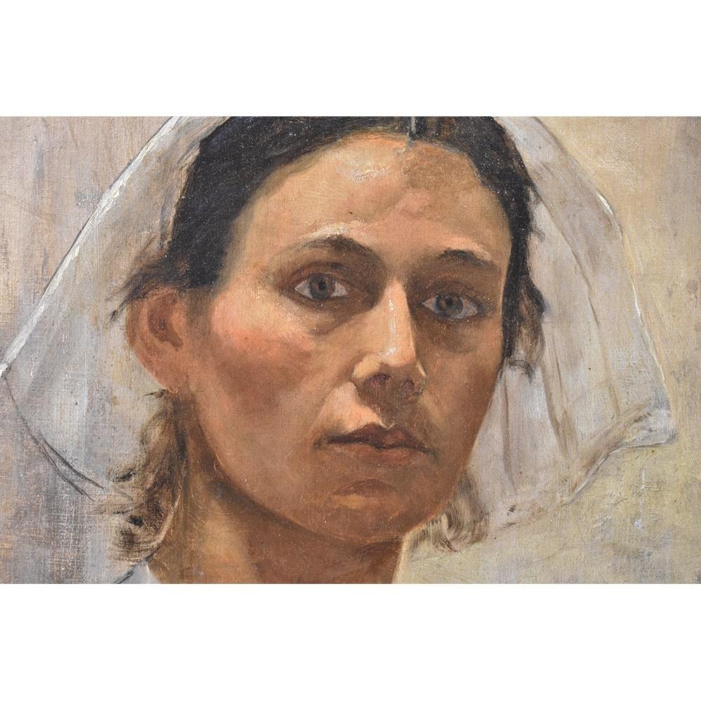French Ritratti Antichi di Donna, Ritratto Giovane Ragazza Bretone, Olio Su Tela, XIX. in vendita