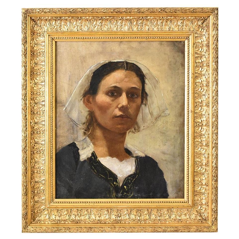 Portraits anciens de femmes, Portrait d'une jeune fille bretonne, huile sur toile, 19e.
