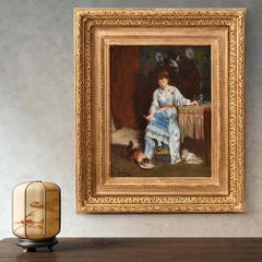 Portrait ancien d'une jeune femme et d'un chat, scène d'intérieur, 19e siècle, Huile sur toile