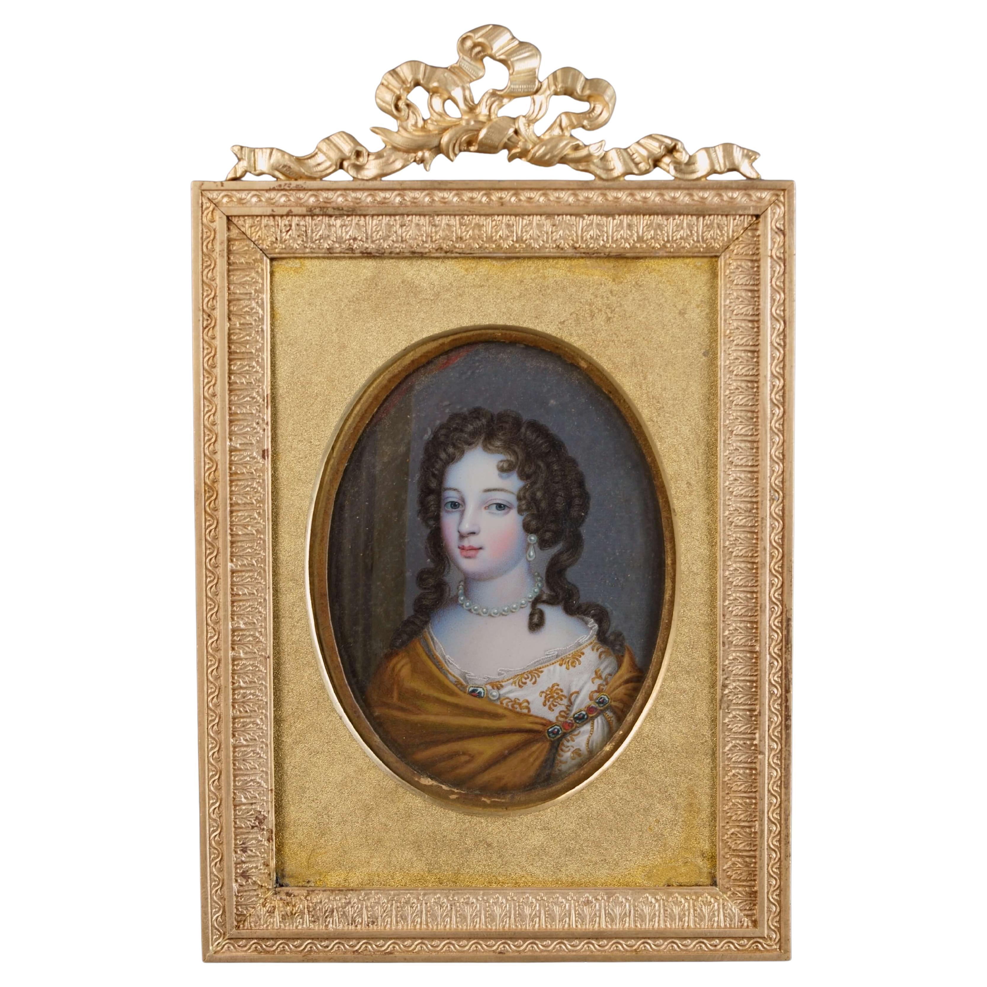 Retrato de dama Miniatura francesa del siglo XVIII Marco de bronce dorado
