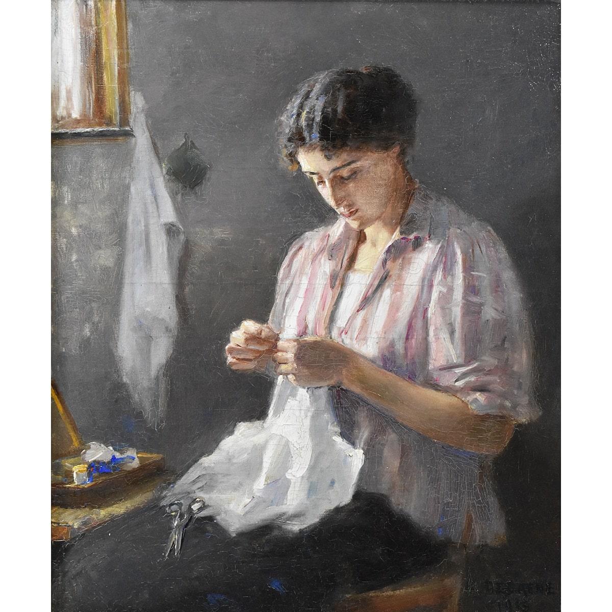 The antique paintings, Portrait of a Woman Sewing, offered here is an oil painting on canvas, 
of the early twentieth century.  The work dresses in a beautiful twentieth-century-era frame.

This is an ancient portrait of a woman, from the 20th