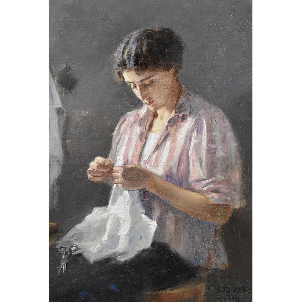 French Portrait Of Woman Sewing, Early Twentieth Century Era, Oil On Canvas, Art Deco. For Sale