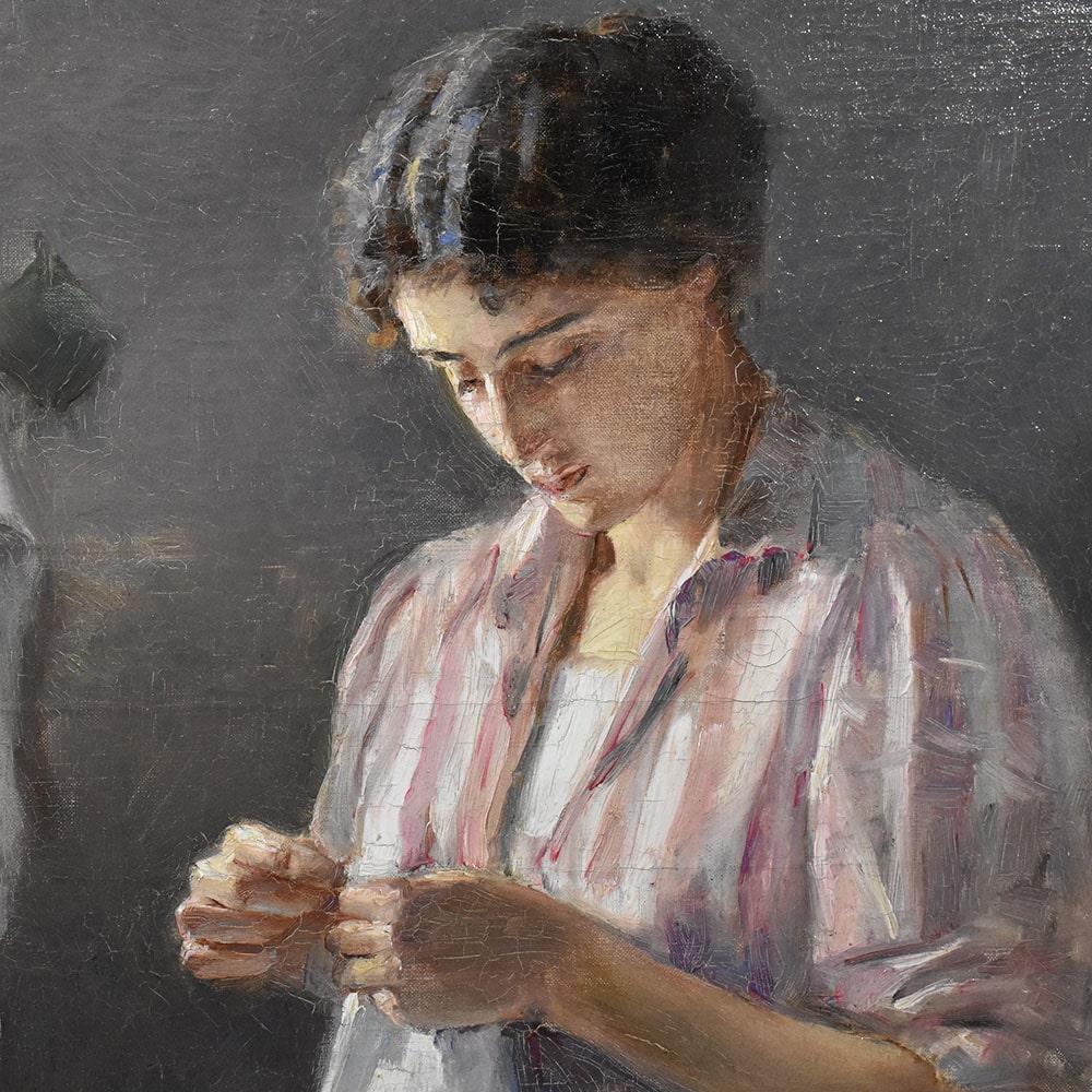 Oiled Portrait Of Woman Sewing, Early Twentieth Century Era, Oil On Canvas, Art Deco. For Sale