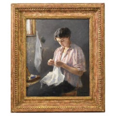 Porträt einer Frau beim Nähen, frühes 20. Jahrhundert, Öl auf Leinwand, Art Deco.