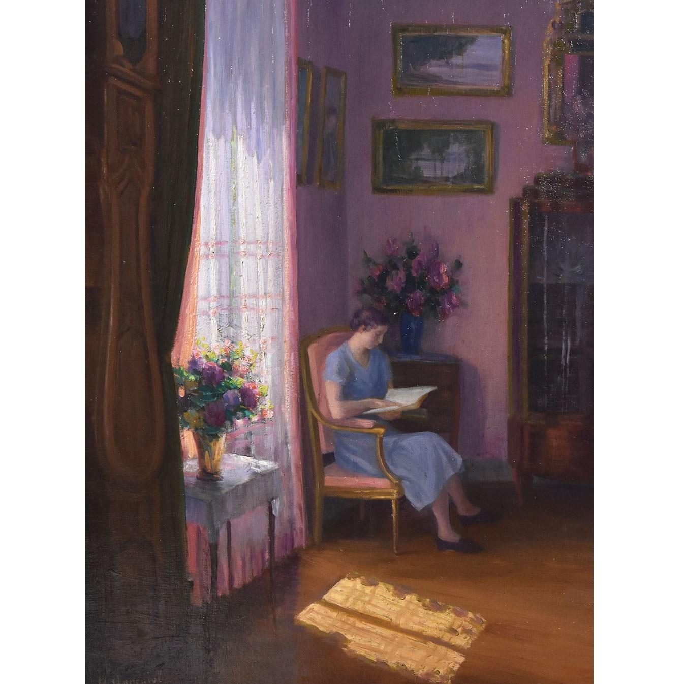 Other Portrait Of A Woman Reading, Early Twentieth Century Era, Oil On Board, Art Deco For Sale