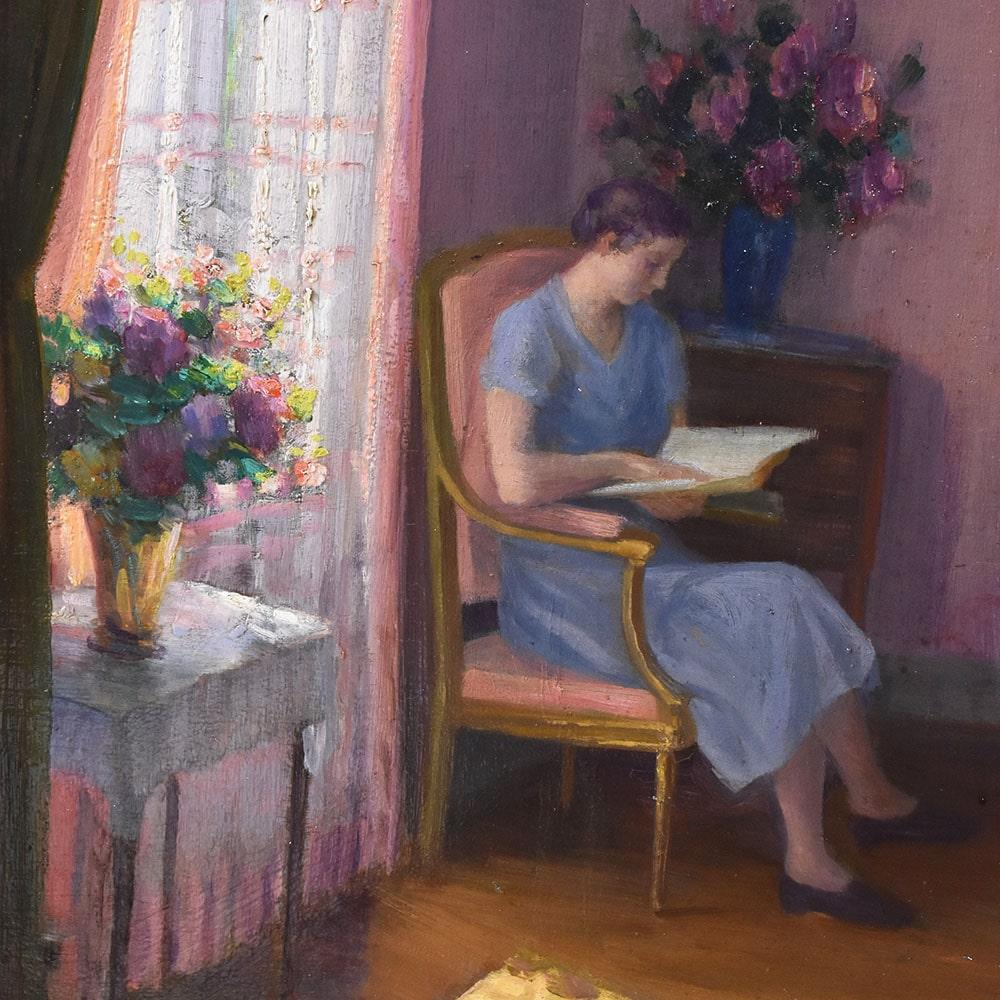 French Portrait Of A Woman Reading, Early Twentieth Century Era, Oil On Board, Art Deco For Sale