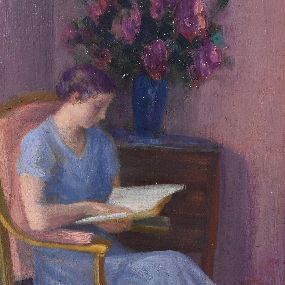 Oiled Portrait Of A Woman Reading, Early Twentieth Century Era, Oil On Board, Art Deco For Sale
