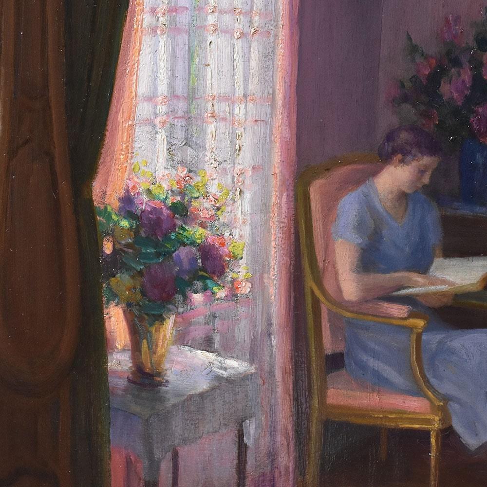 Portrait Of A Woman Reading, Early Twentieth Century Era, Oil On Board, Art Deco In Good Condition For Sale In Breganze, VI