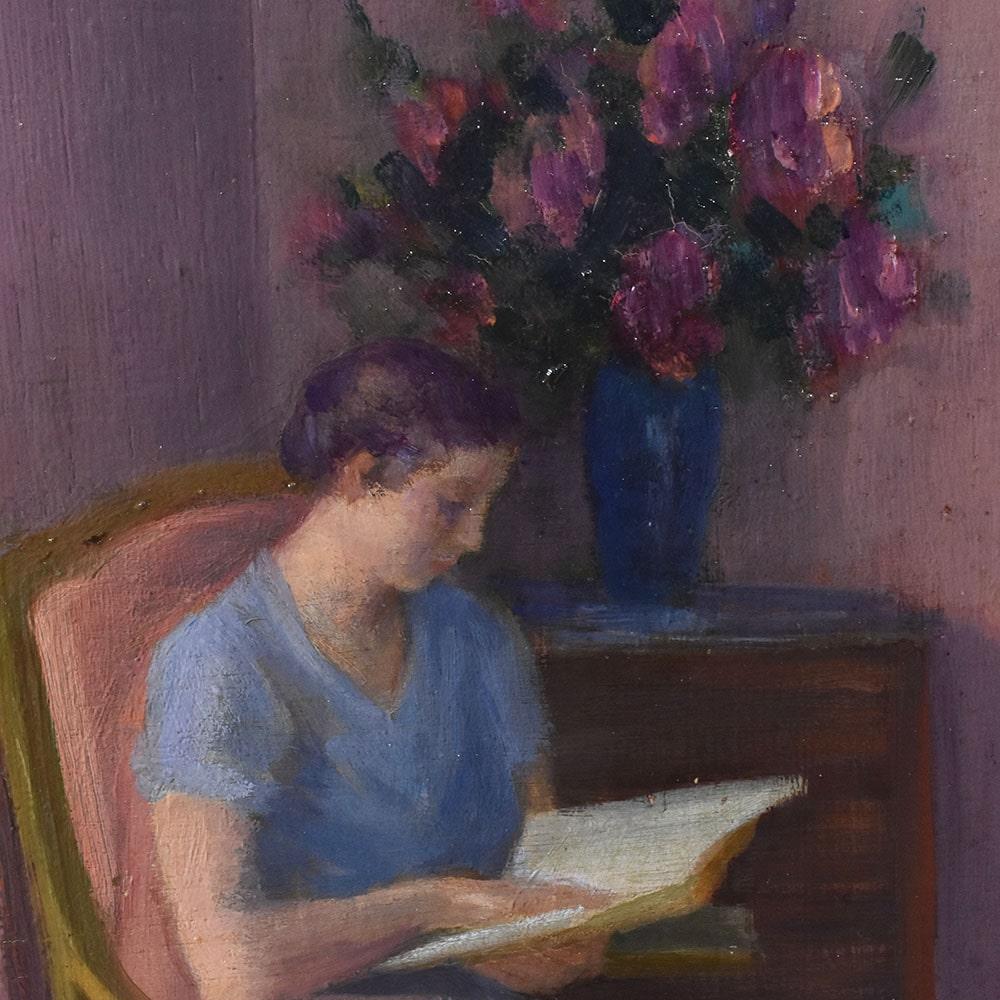 Beech Portrait Of A Woman Reading, Early Twentieth Century Era, Oil On Board, Art Deco For Sale