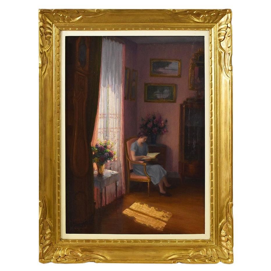 Ritratto Di Donna Che Legge, Epoca Primi Del Novecento, Olio Su Tavola, Art Deco