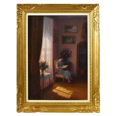 Vintage Portrait Of A Woman Reading, Early Twentieth Century Era, Oil On Board, Art Deco