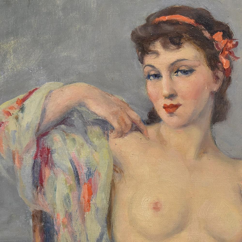 French Ritratto Di Donna, Nudo Di Donna, Primi Del Novecento, Olio Su Tela, Art Deco. in vendita