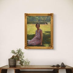 Portrait d'une femme assise sur une pelouse, Art Deco, Huile sur toile, 20e siècle