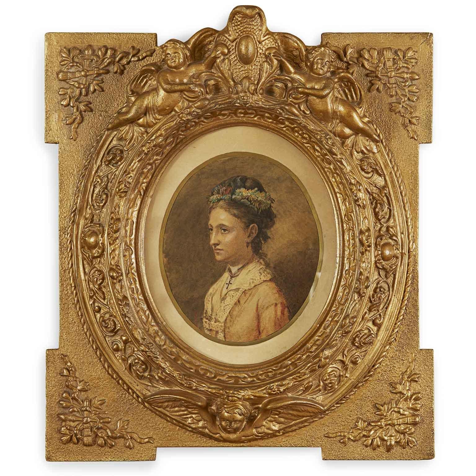 Gilt Portrait of a Lady Hungarian painting Late 1800s signed Albert Schickedanz For Sale
