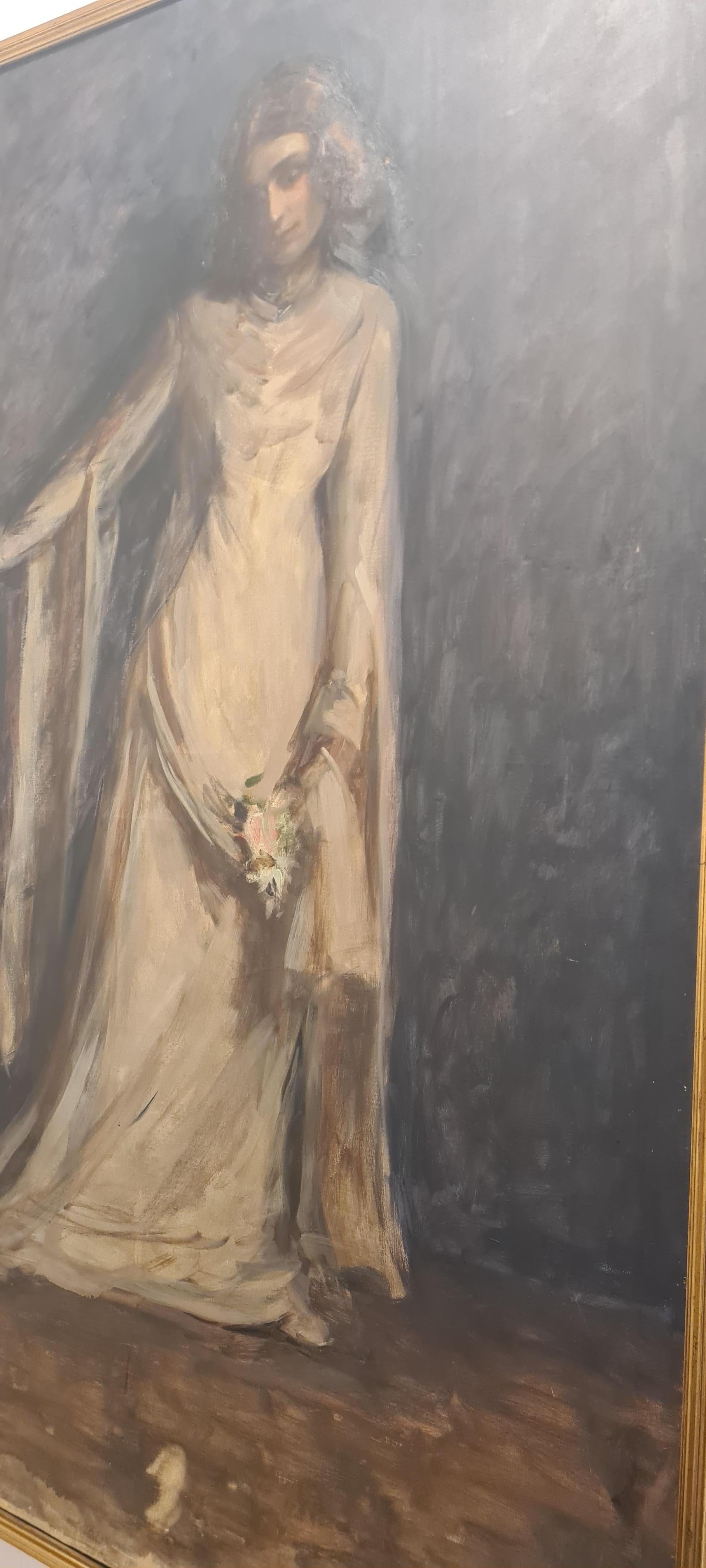 Wunderschönes Porträt in Öl auf Leinwand, Anfang des 20. Jahrhunderts, von der Malerin Ernestina Mak Orlandini.  Das Porträt zeigt eine weiß gekleidete Dame, die einen Blumenstrauß hält. Maße 190 cm x 120 cm.

Das Gemälde ist unsigniert, aber die