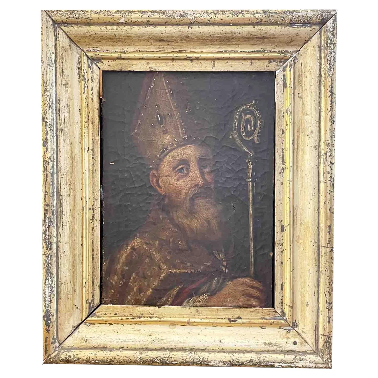 Portrait of a Bishop with a Mitre and a Crosier; Italian Baroque Painting, early 1700s For Sale
