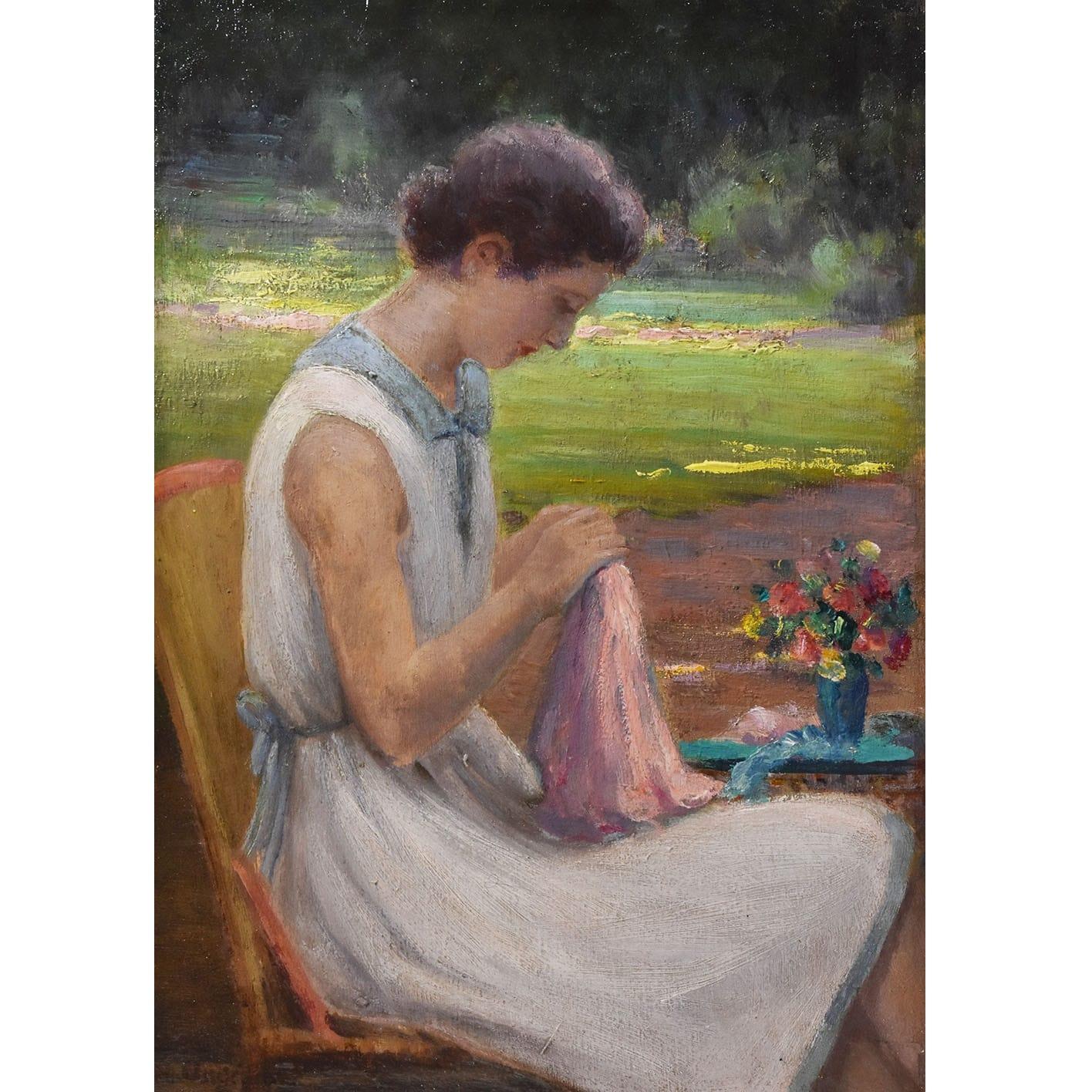 The antique paintings category features a Beautiful Portrait of Young Woman Sewing in the Garden, an oil painting on panel, 

mid-twentieth century. It is a portrait of girl in white dress sitting in the garden intent on sewing,

painted in an