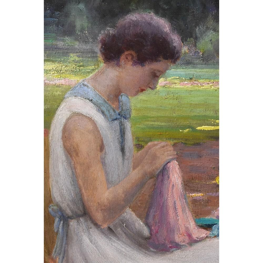 Other Portrait Woman Sewing In Garden, Early 1900s, Oil On Canvas, Art Deco, XX. For Sale