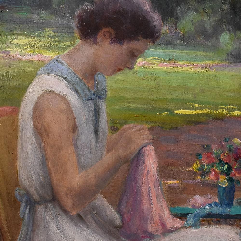 French Portrait Woman Sewing In Garden, Early 1900s, Oil On Canvas, Art Deco, XX. For Sale
