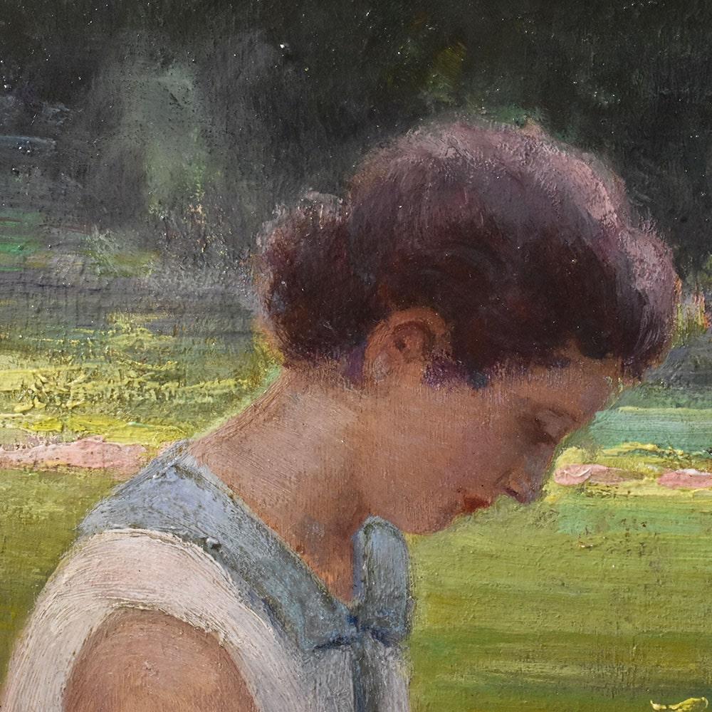 Oiled Portrait Woman Sewing In Garden, Early 1900s, Oil On Canvas, Art Deco, XX. For Sale