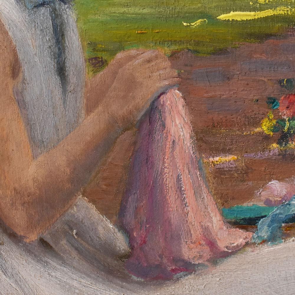 Portrait Woman Sewing In Garden, Early 1900s, Oil On Canvas, Art Deco, XX. In Good Condition For Sale In Breganze, VI