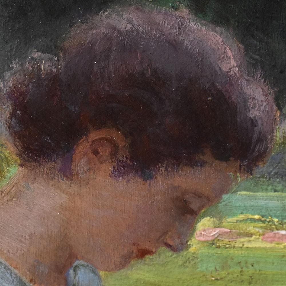 20th Century Portrait Woman Sewing In Garden, Early 1900s, Oil On Canvas, Art Deco, XX. For Sale