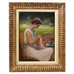Portrait Woman Sewing In Garden, Early 1900s, Oil On Canvas, Art Deco, XX.