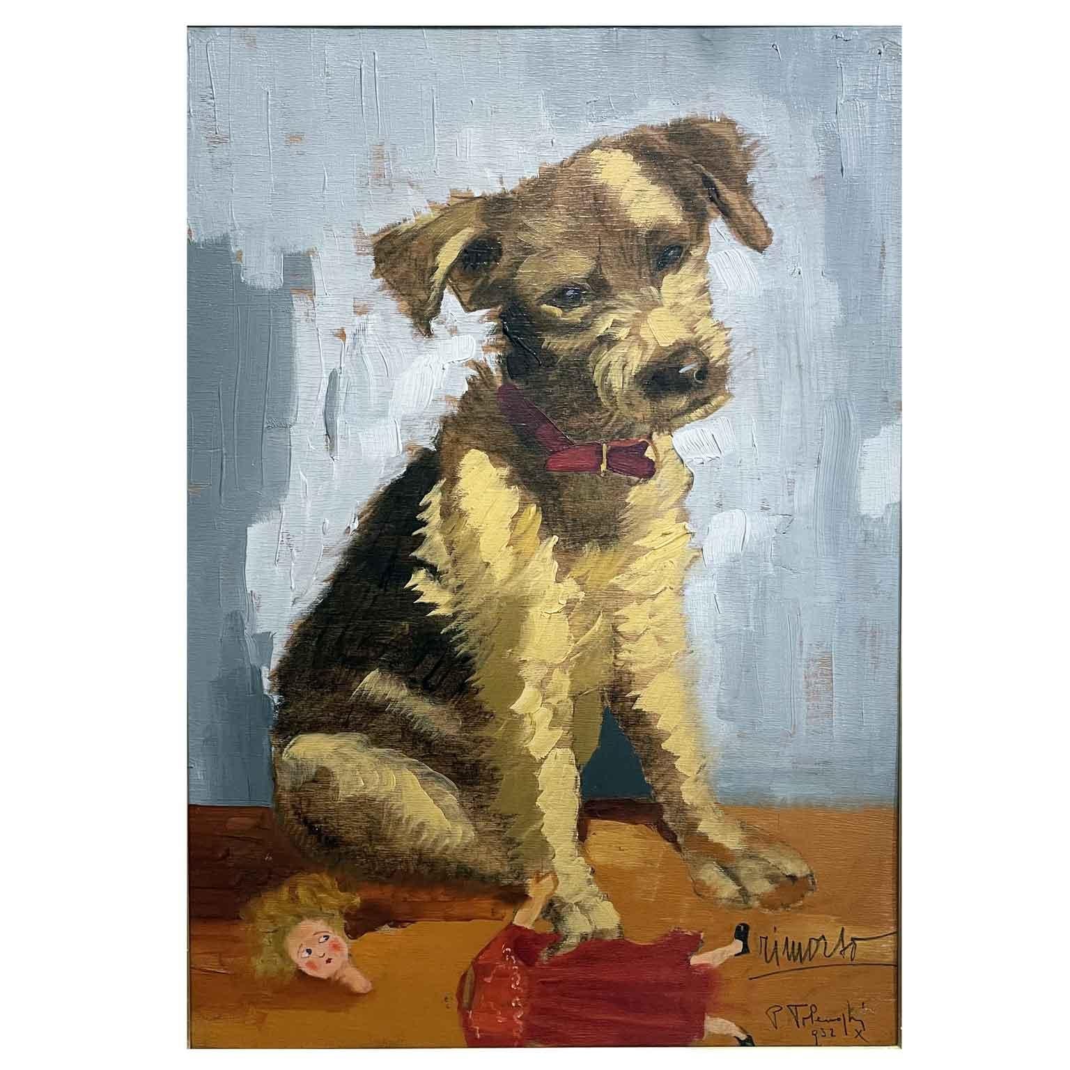 Portrait of an exuberant Terrier dog titled Remorse, dated 1932 oil painting on beech plywood depicting a posed Airedale Terrier in a guilt-ridden attitude. The sweet look of this red-collared dog waiting for a reprimand immediately wins us over; in