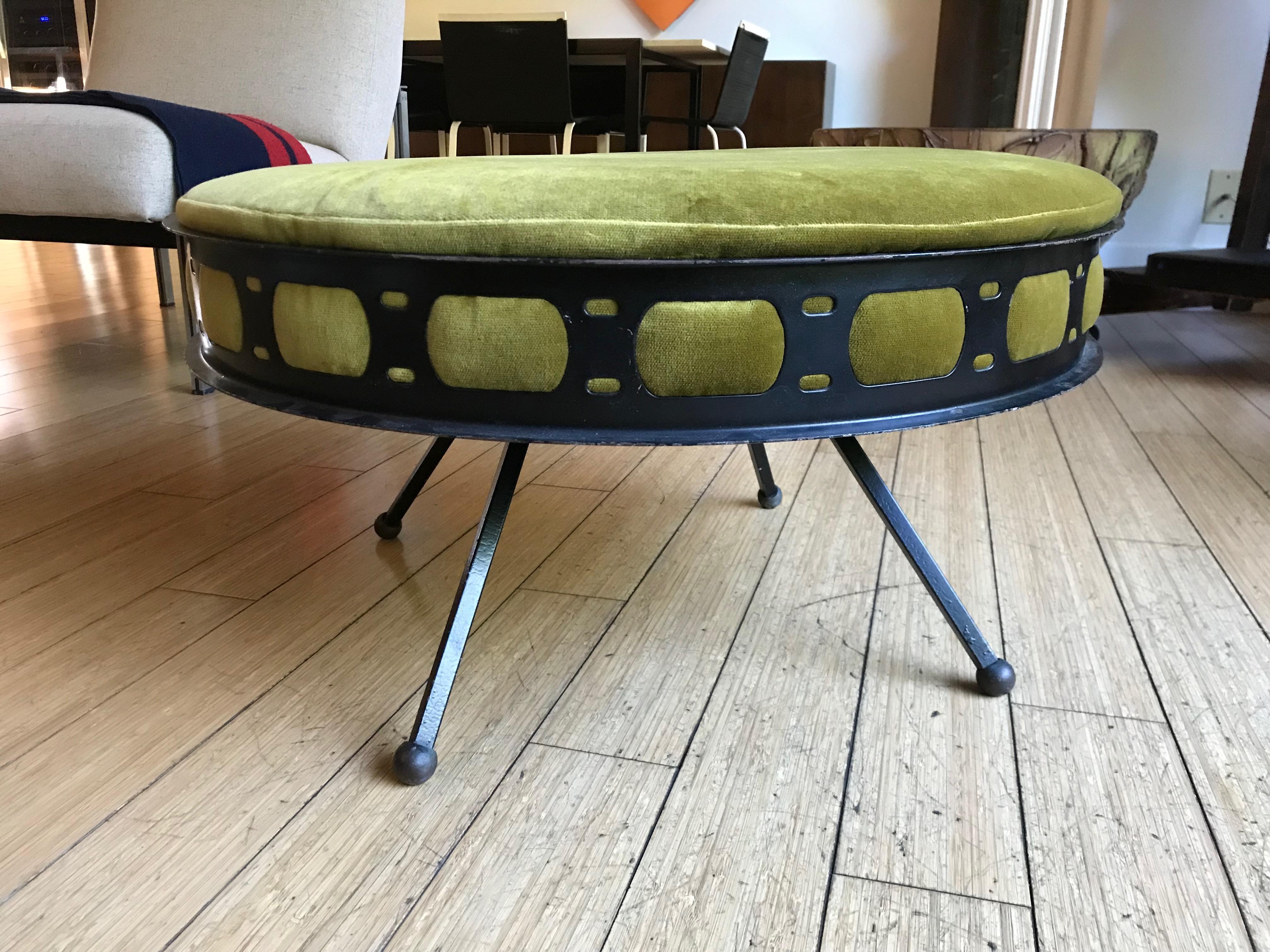 A fun and rare design.
Original powder coated steel with swivel base.
Original screws.
New velvet moss green upholstery.
Solid and sturdy.
Great for any occasion in the living room, bedroom et cetra... 
