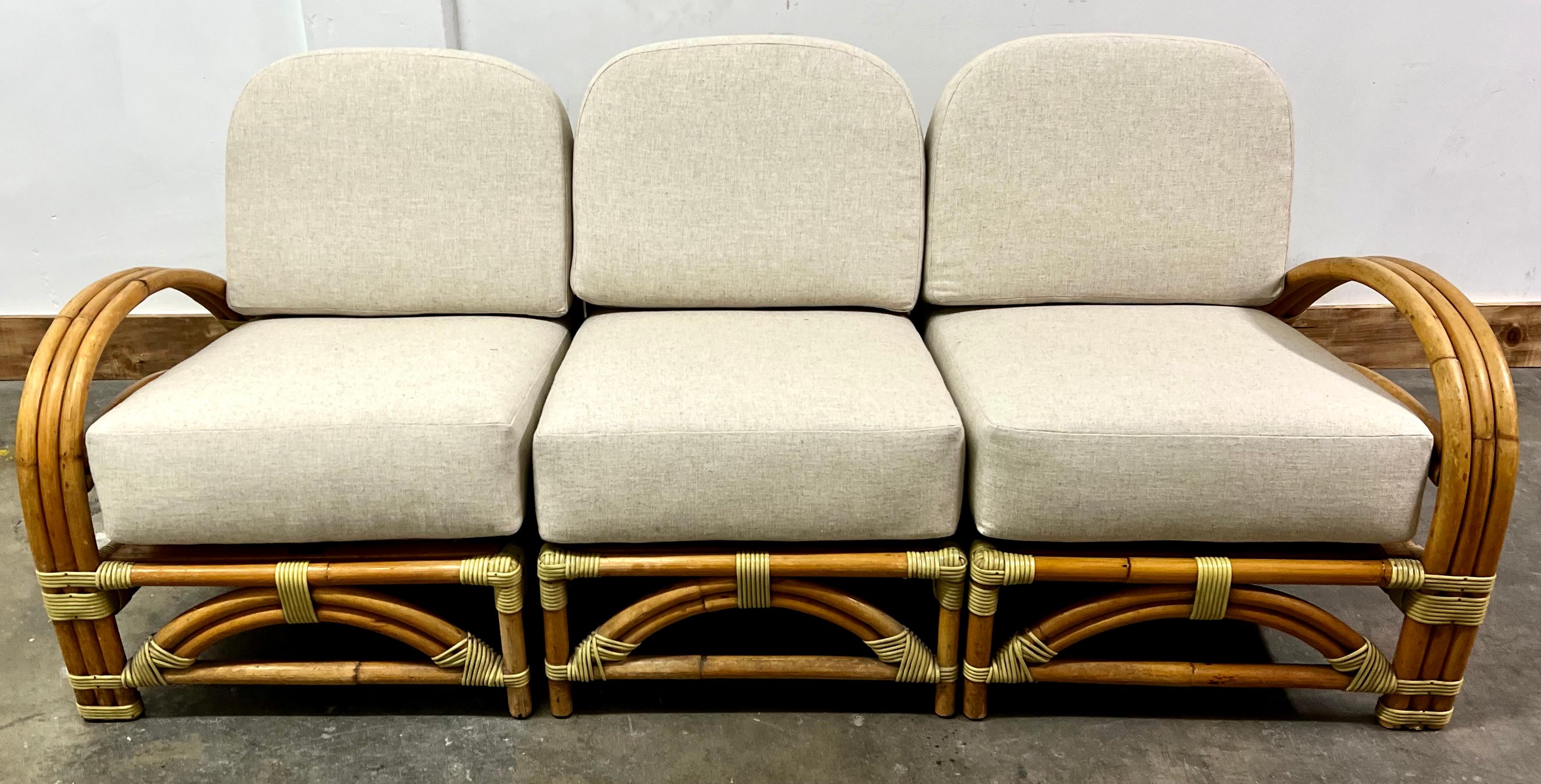 Mid-Century Modern Ritts So. Rattan Sofa with Custom Upholstery For Sale